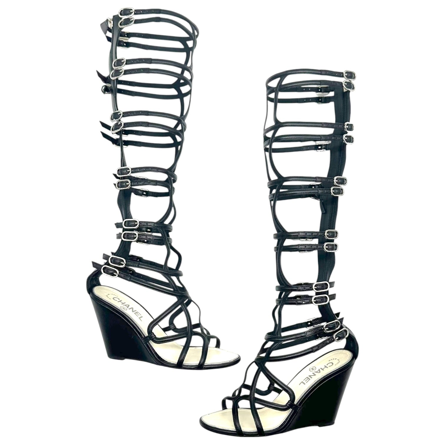 Chanel Black Leather Knee High Gladiator Wedge Sandals