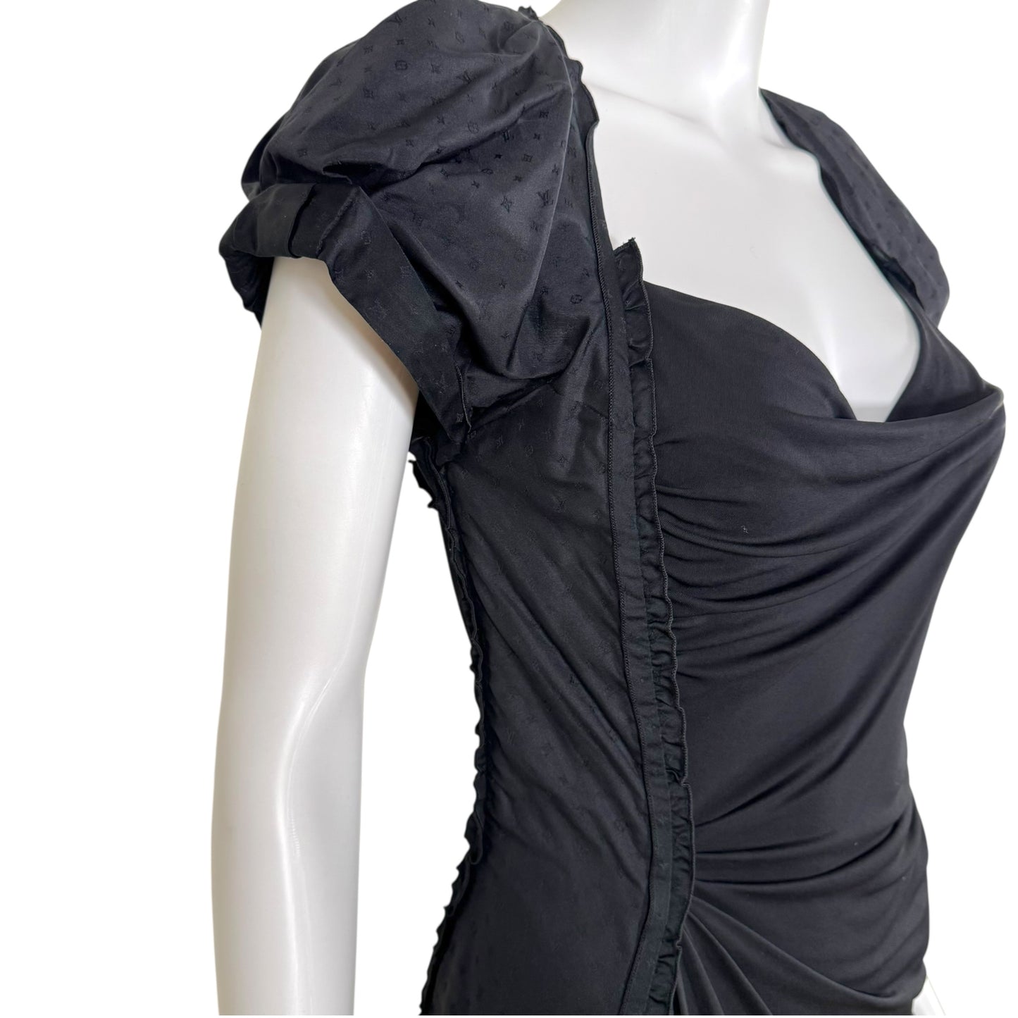 Louis Vuitton Black Logo Print Draped Silk Mini Dress