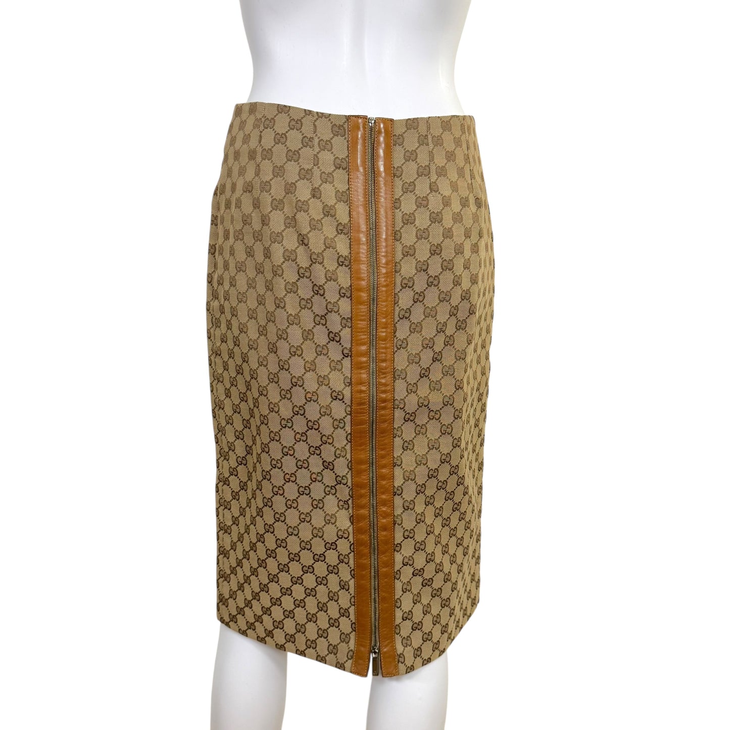 Gucci by Tom Ford 2000 Tan Monogram Canvas & Leather Zip-Up Midi Skirt - Outfit Repeater