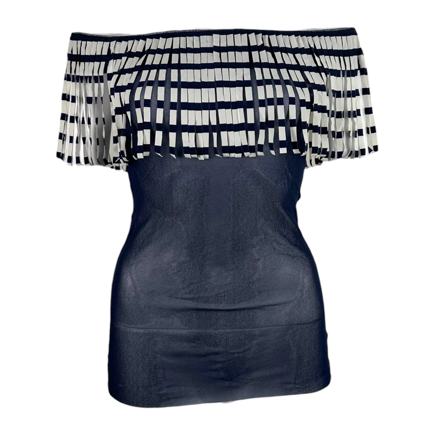 Jean Paul Gaultier Soleil Striped Fringe Trim Navy Blue Mesh Tank