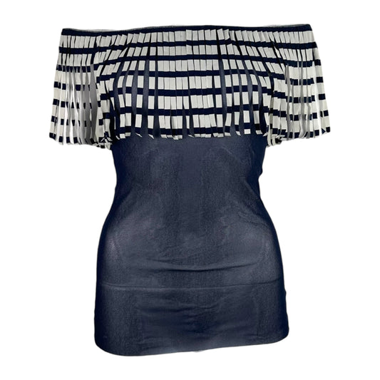 Jean Paul Gaultier Soleil Striped Fringe Trim Navy Blue Mesh Tank