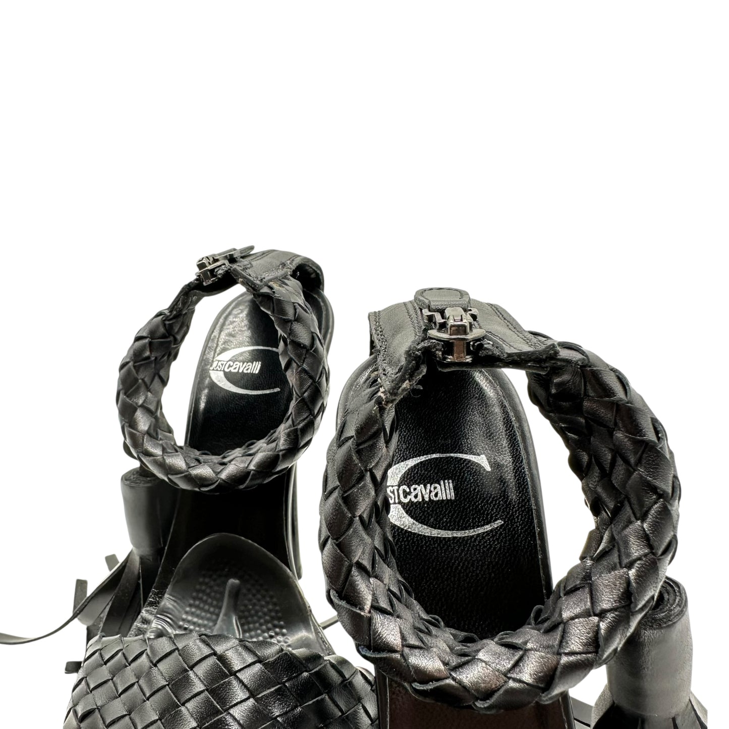 Just Cavalli Roberto Cavalli Black Woven Leather Fringe Platform Heels
