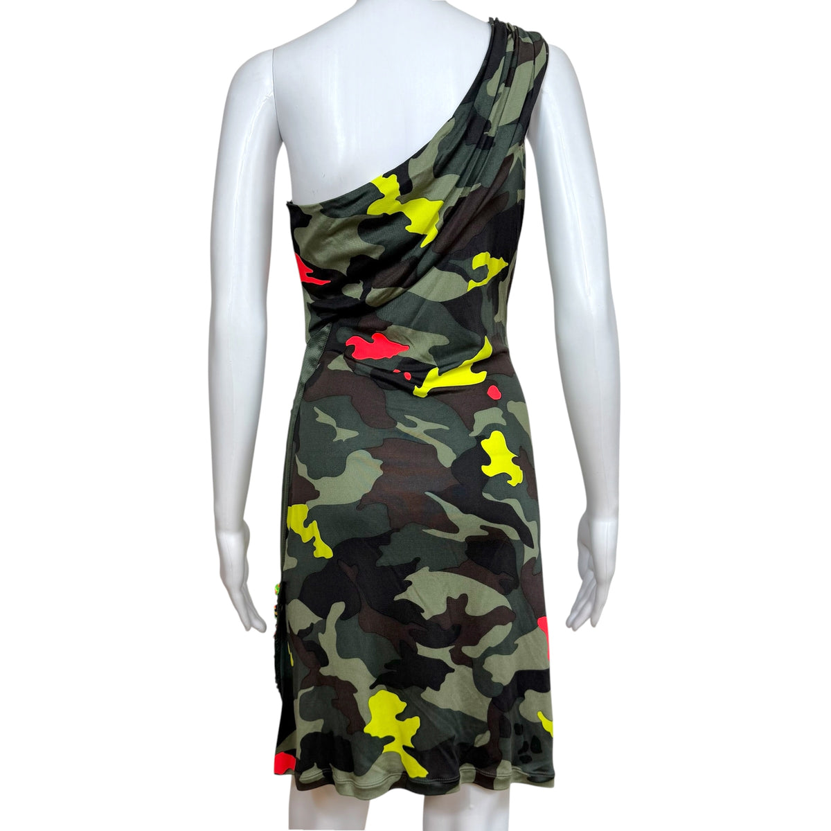 Blumarine Asymmetrical One Shoulder Midi Dress Neon Camouflage