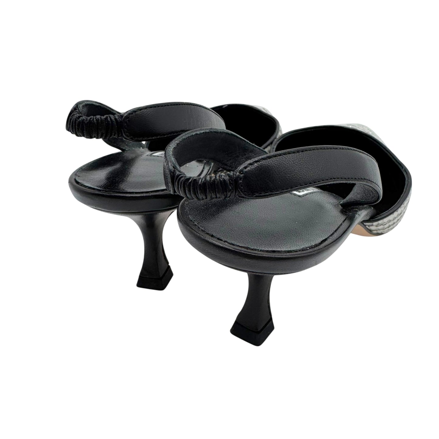 Manolo Blahnik Black & White Raffia Slingback Heels - Outfit Repeater