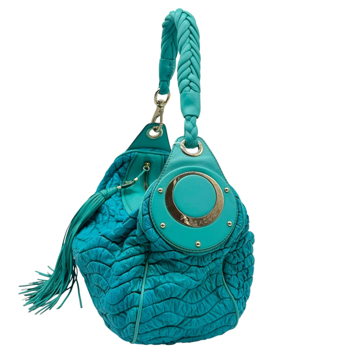 Versace Turqouise Blue Wave Quilted Lambskin Large Hobo Bag