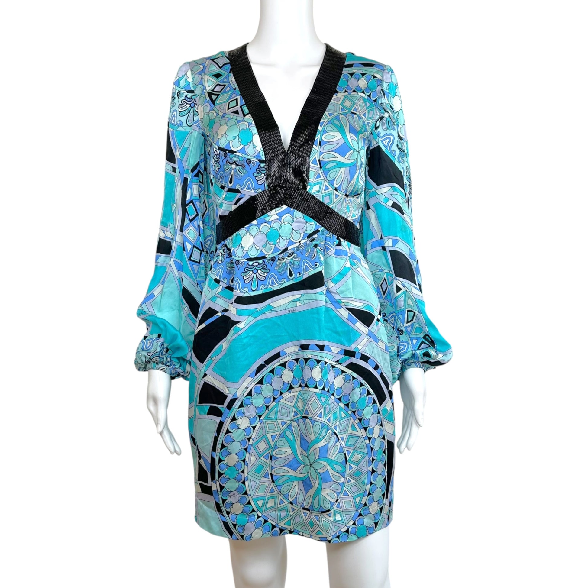 Emilio Pucci Silk Blue Black Printed Open-Back Mini Dress