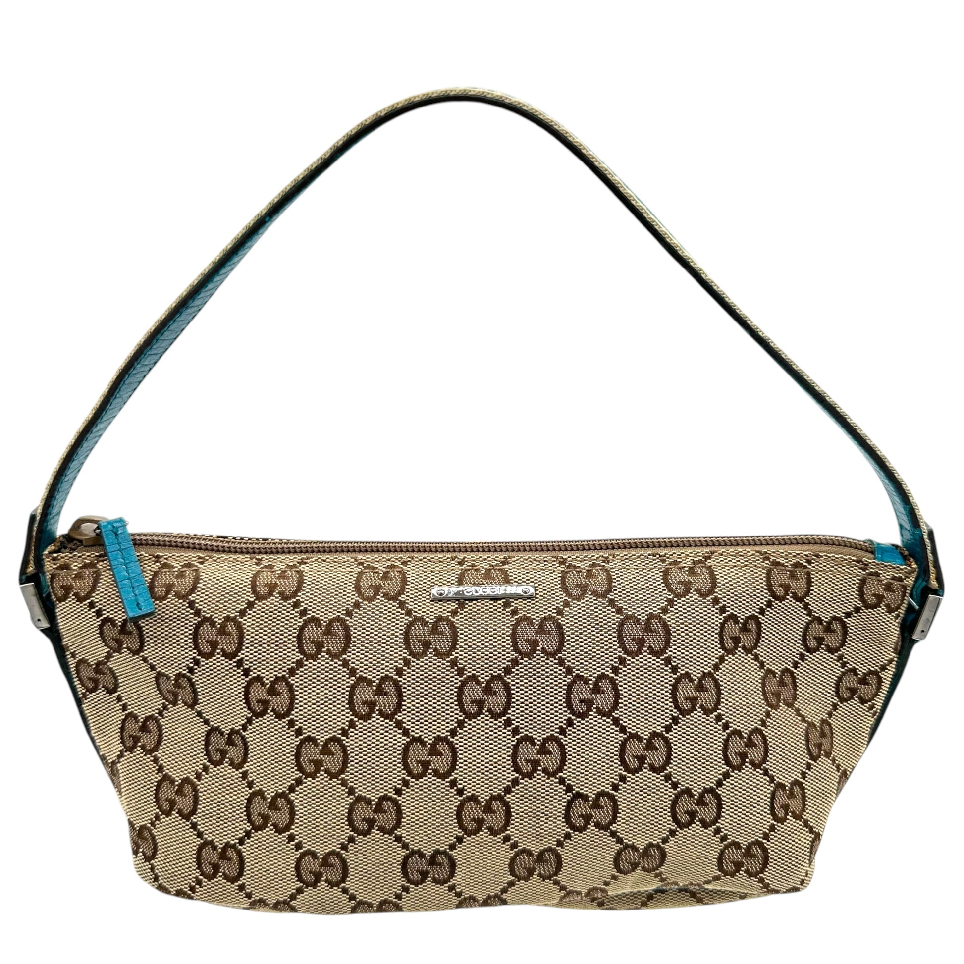 Gucci Tan Monogram & Teal Trim Pochette Bag - Outfit Repeater
