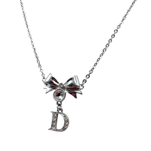 Christian Dior Silver Crystal Bow Charm Necklace