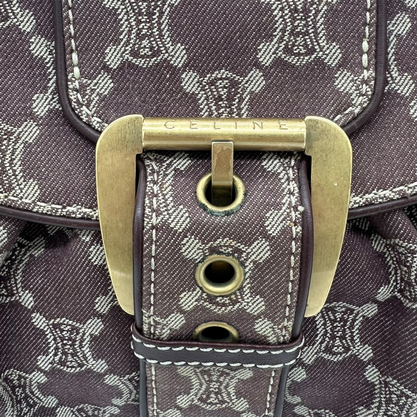 Celine Burgundy Denim Monogram Buckled Shoulder Bag