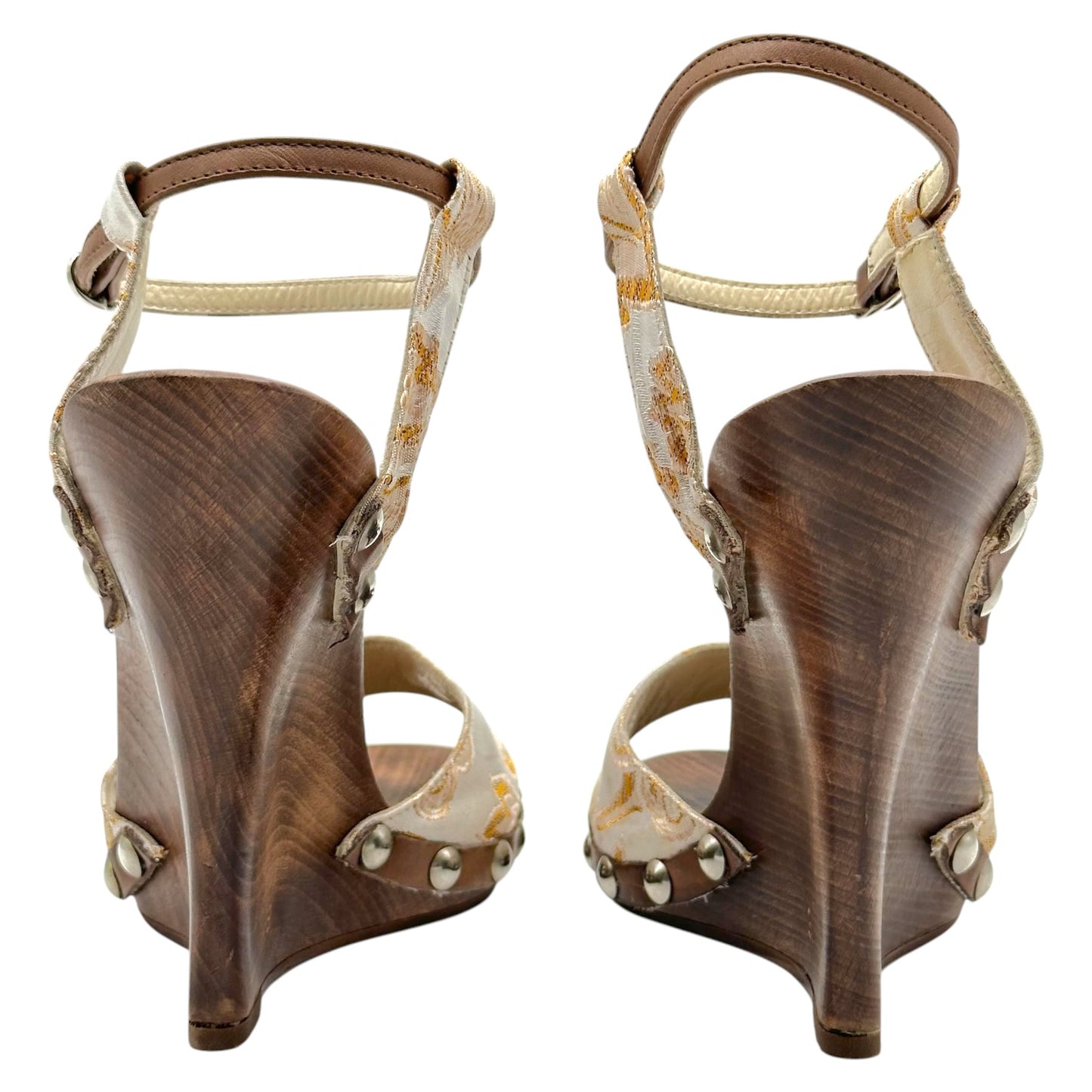 D&G Dolce & Gabbana Gold Damask & Wooden Wedge Sandals