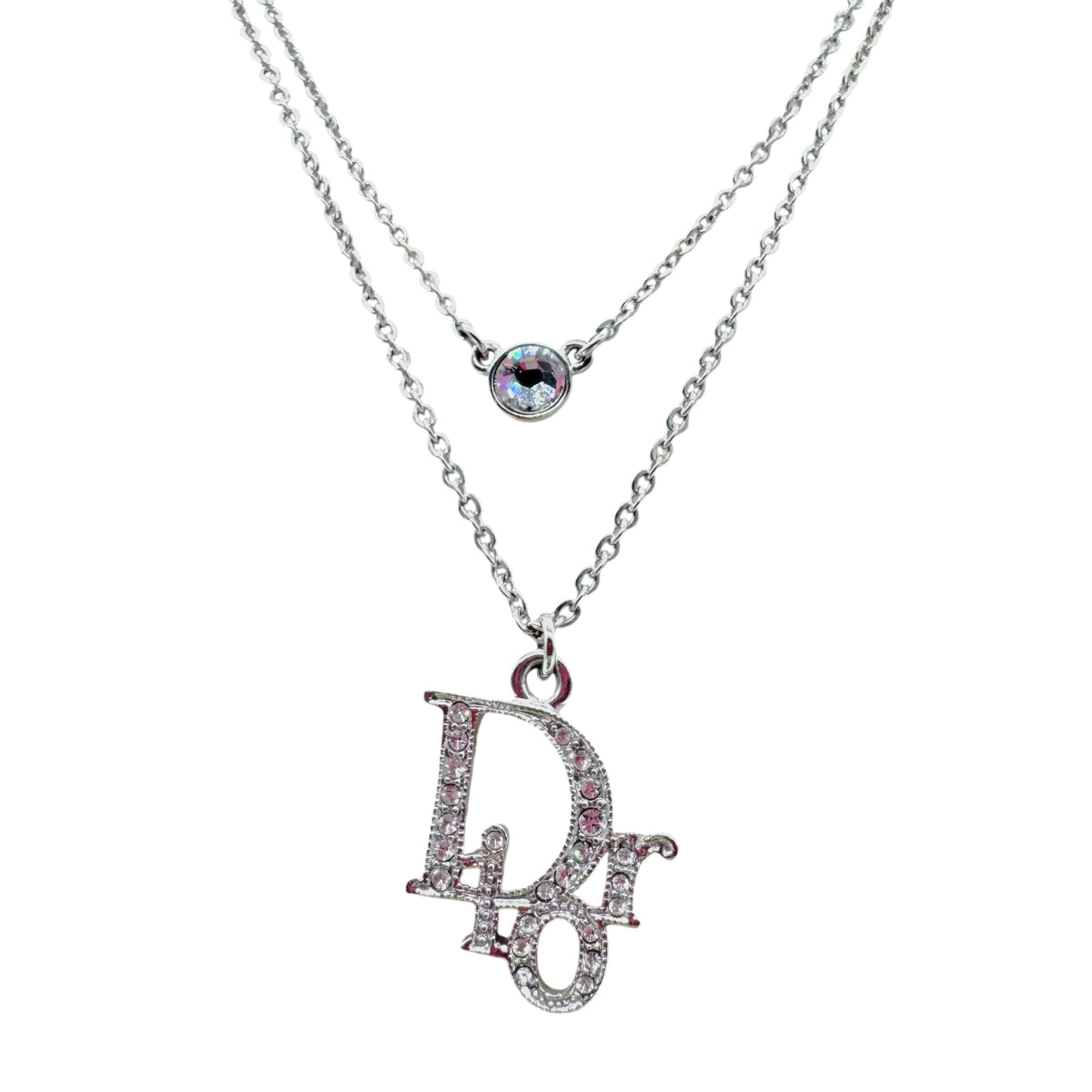 Christian Dior Silver Crystal Logo Charm Double Strand Necklace