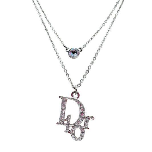 Christian Dior Double Strand Necklace Silver Crystal Charm