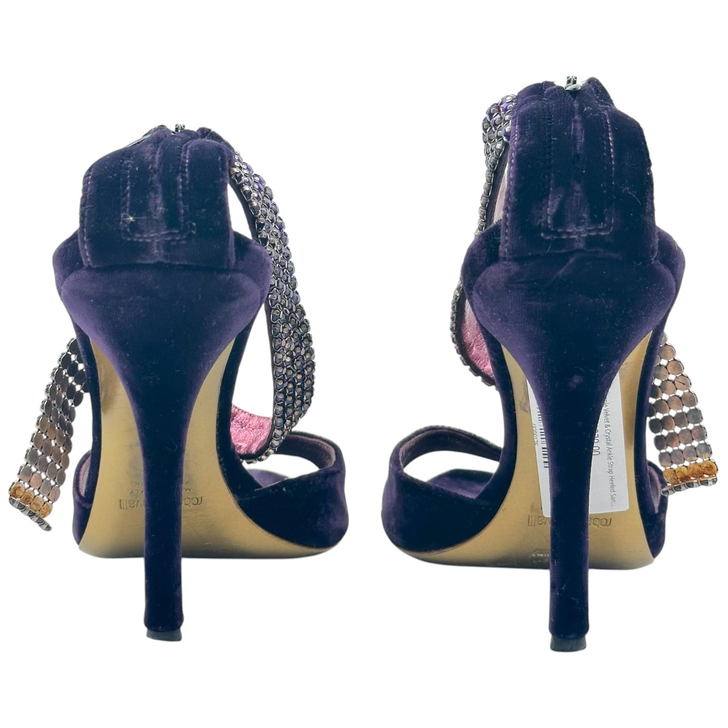 Roberto Cavalli Purple Velvet & Crystal Ankle Strap Heeled Sandals