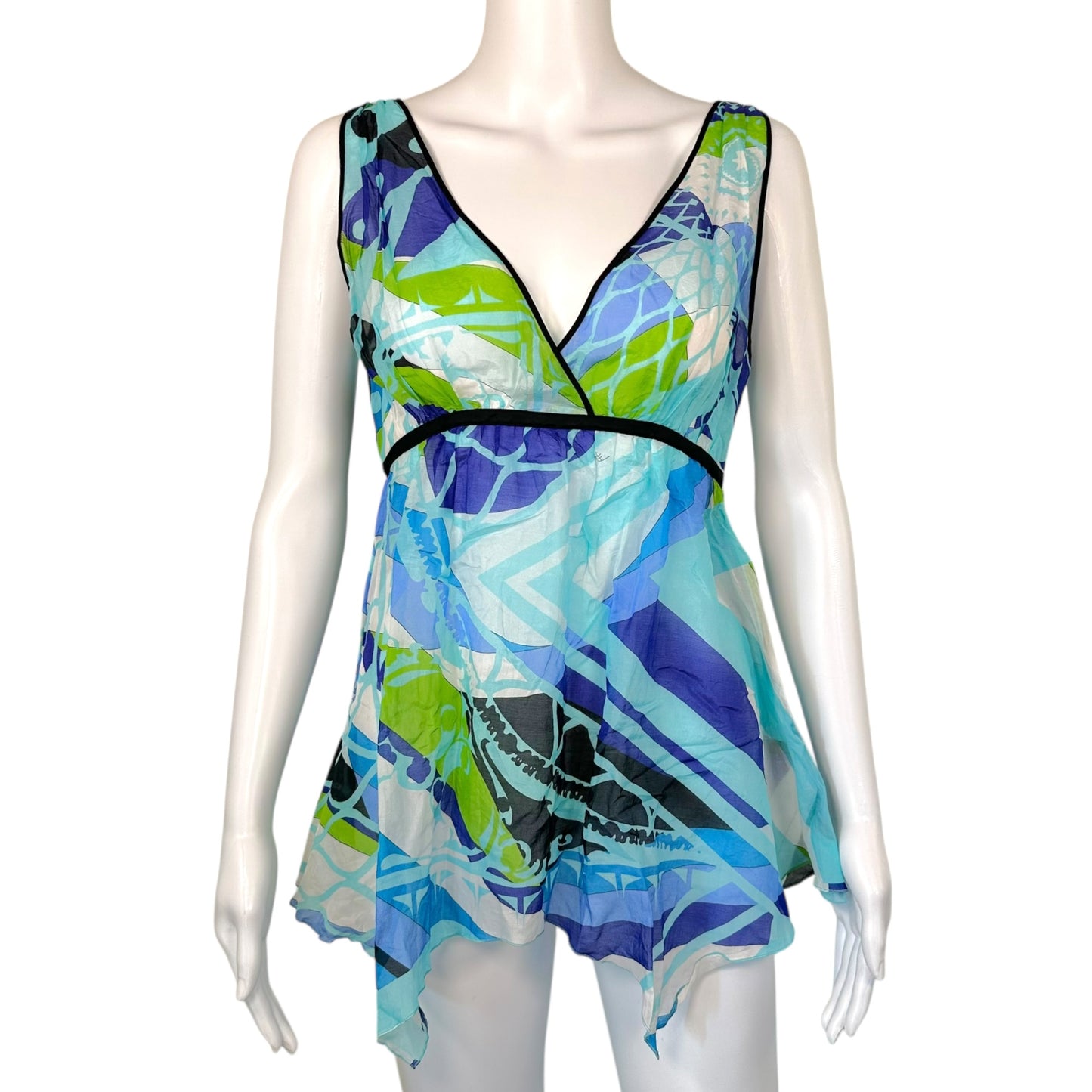 Emilio Pucci Blue & Green Silk Blend Semi-Sheer Blouse Top