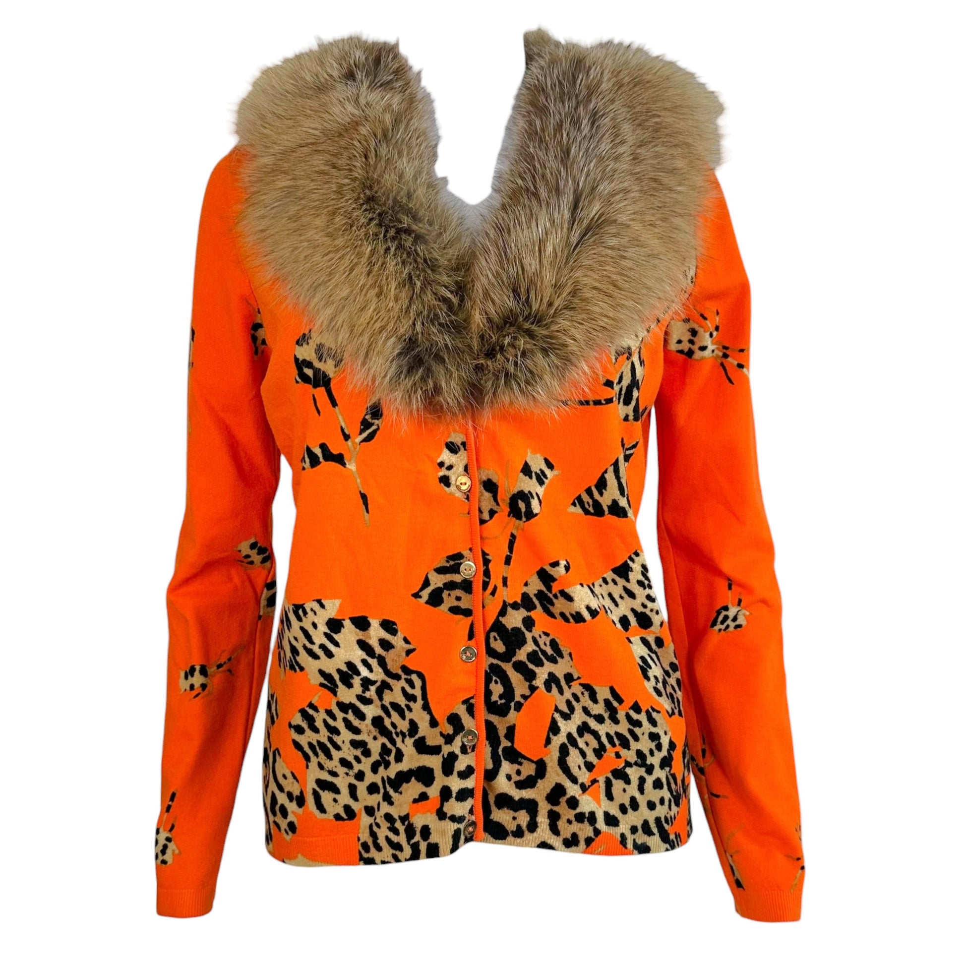 Blumarine Orange Leopard Print Cashmere Cardigan