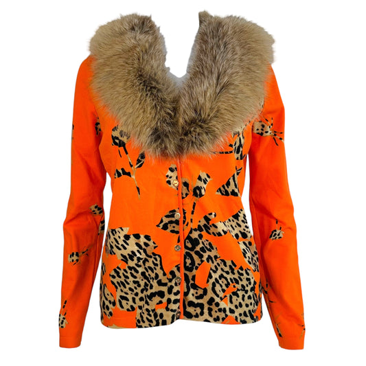 Blumarine Orange Leopard Print Cashmere Cardigan