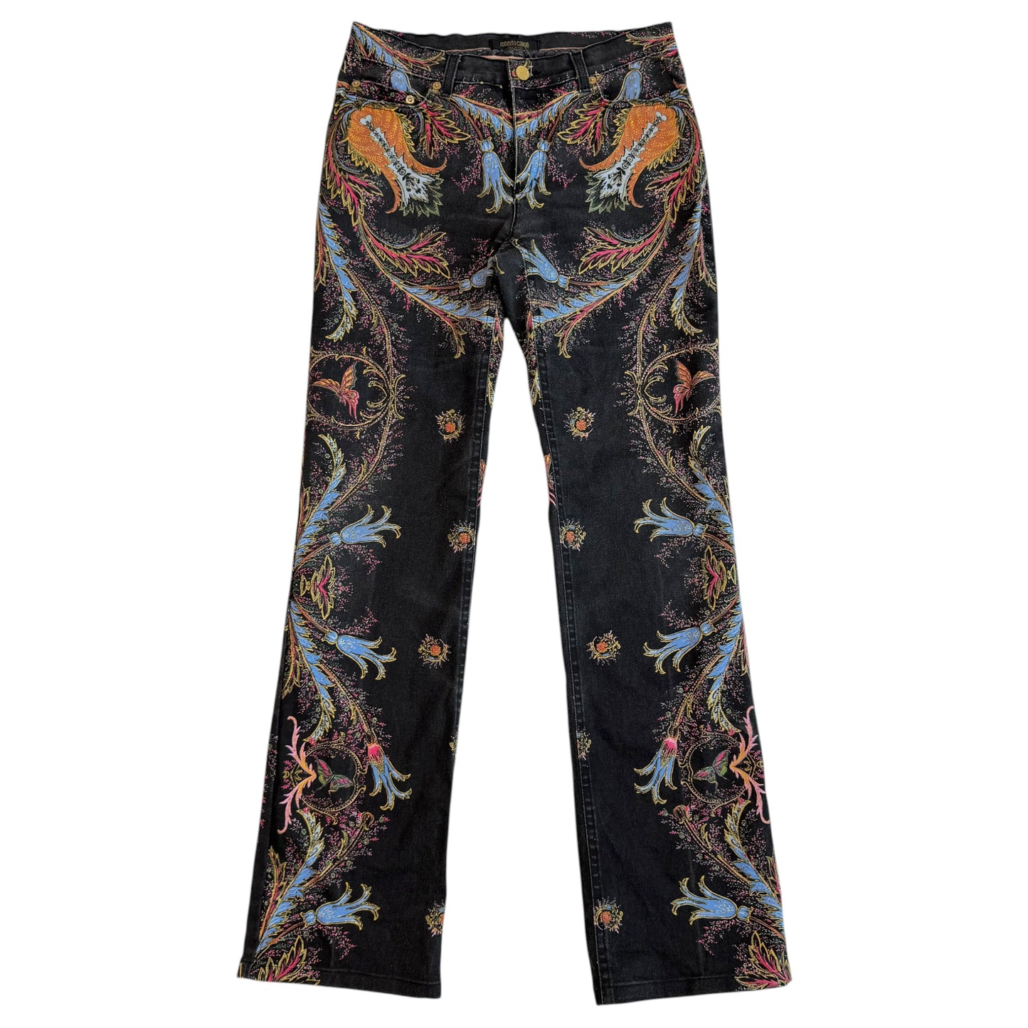 Roberto Cavalli Black Multicolor Paisley Print Jeans
