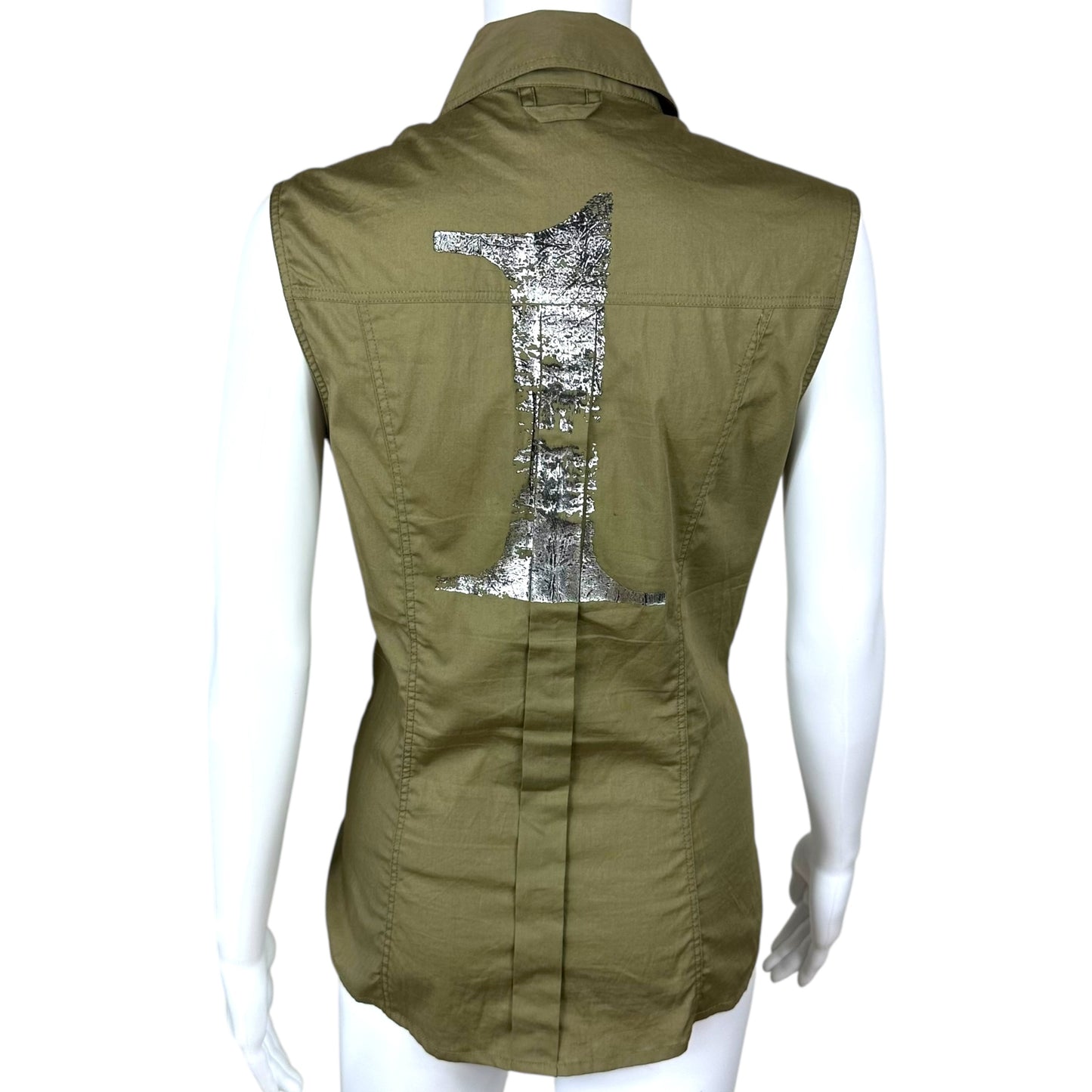 Galliano Khaki Green Button Up Logo Blouse