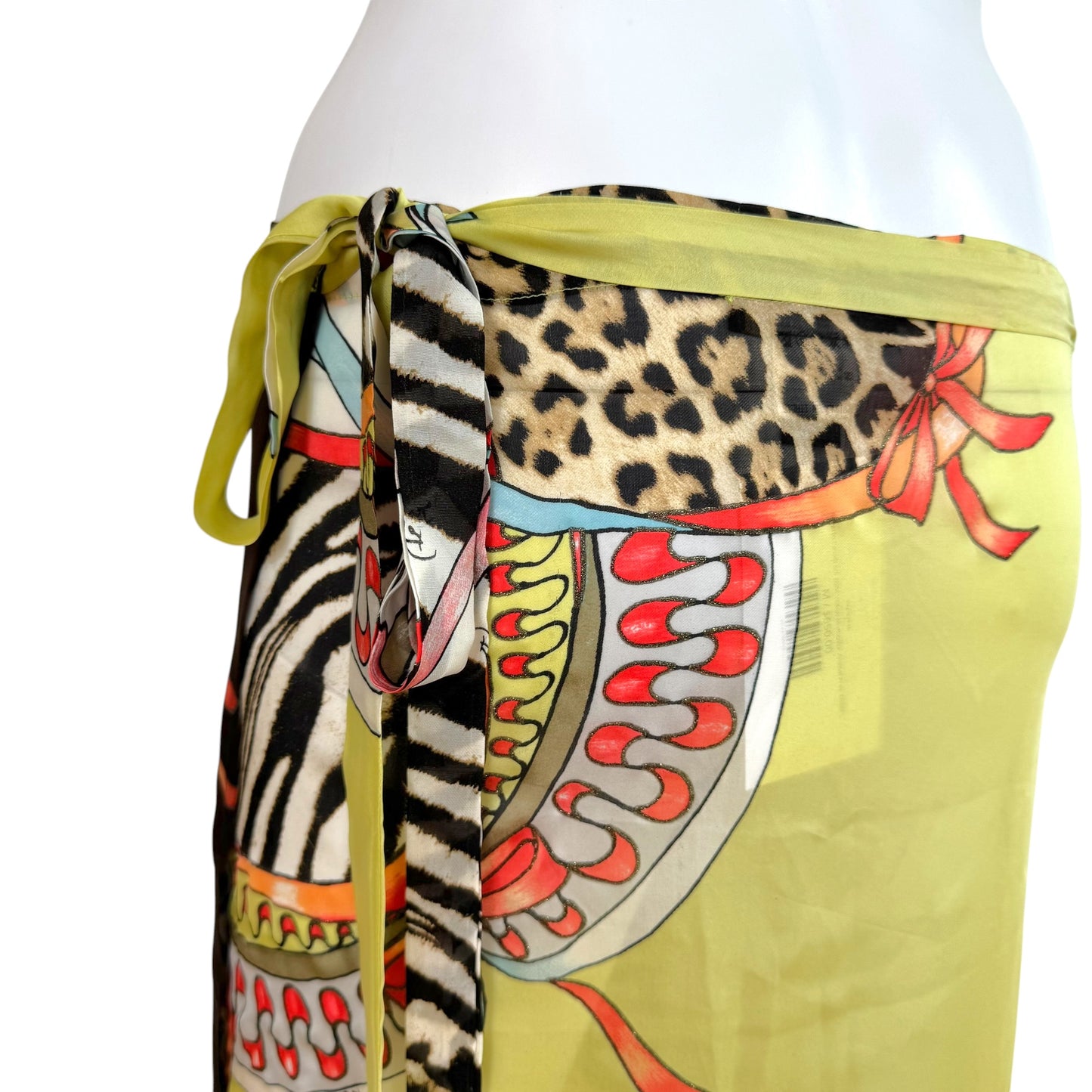 Roberto Cavalli S/S 2004 Yellow Multicolor Animal Print Sheer Silk Maxi Wrap Skirt