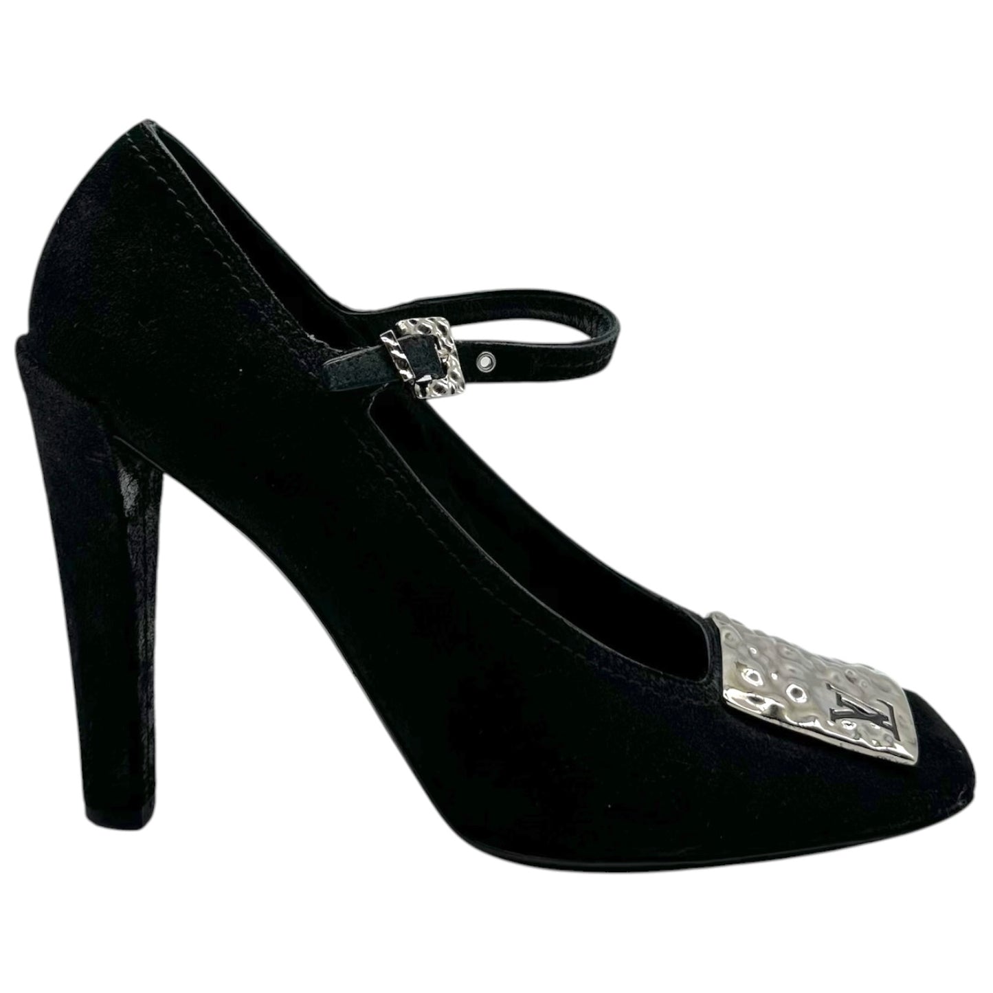 Louis Vuitton Black Suede & Silver Hardware Square Toe Mary Jane Pumps