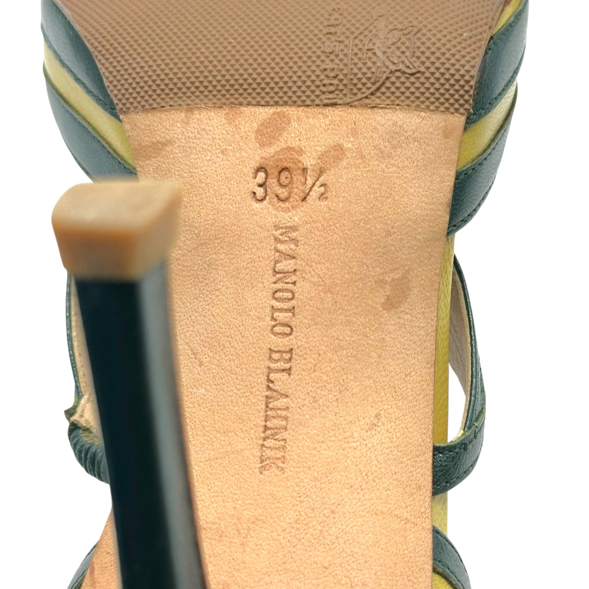 Manolo Blahnik Pointed Toe Pumps Dark Green Yellow Stripes
