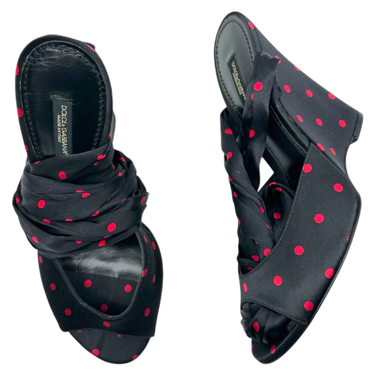 Dolce & Gabbana Black & Red Silk Wedge Peep-Toe Wrap Heels