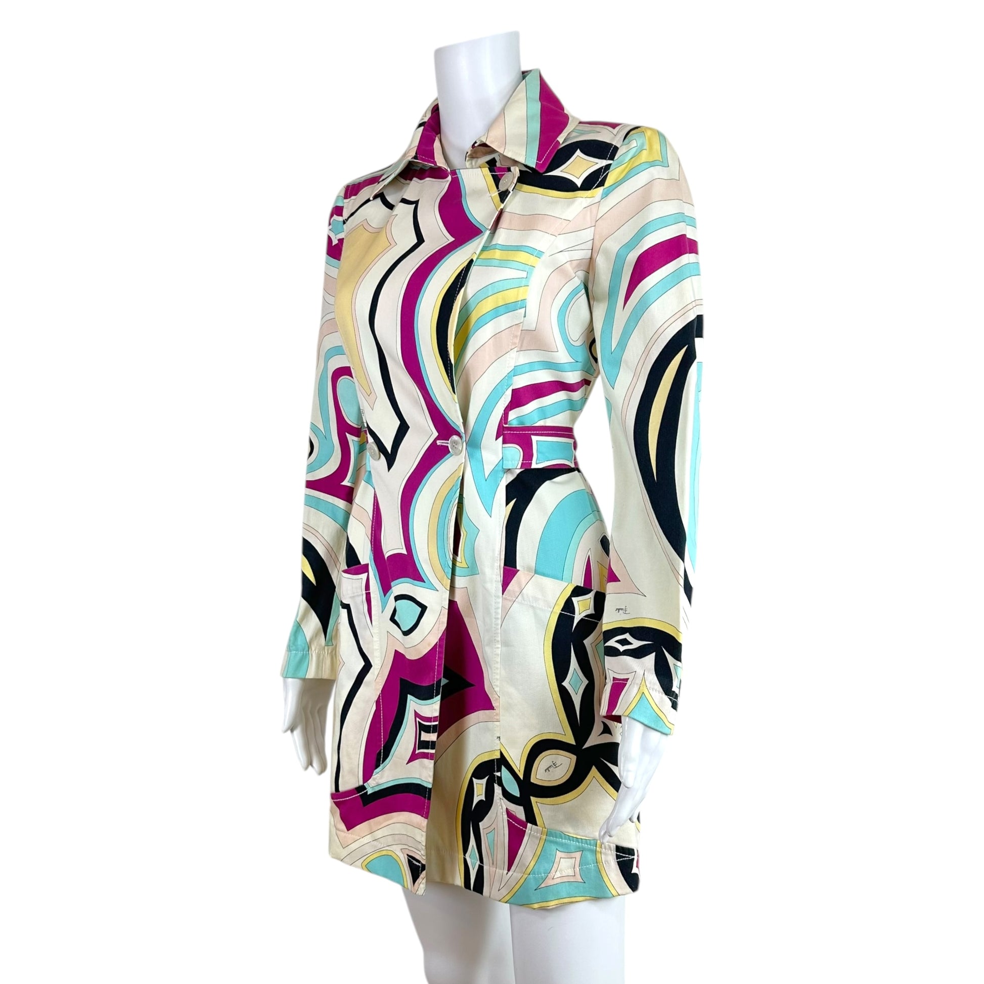 Emilio Pucci Cotton Trench Coat Pink Blue Multi Printed