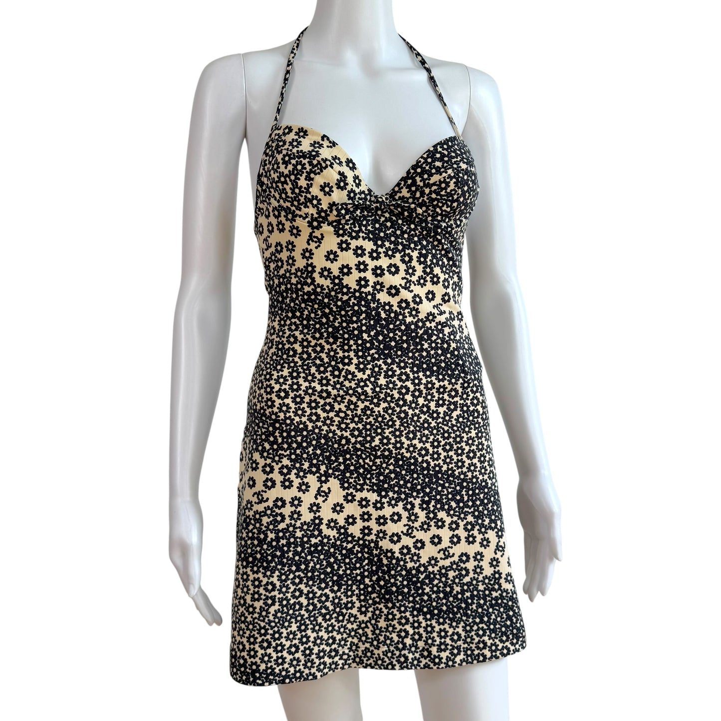 Chanel Spring 2003 Ivory & Navy Floral Print Logo Halter Mini Dress