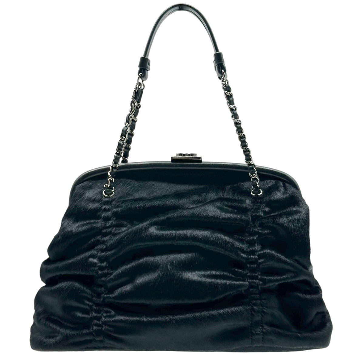 Chanel Black Ruched Ponyhair Handbag with Kisslock Closure