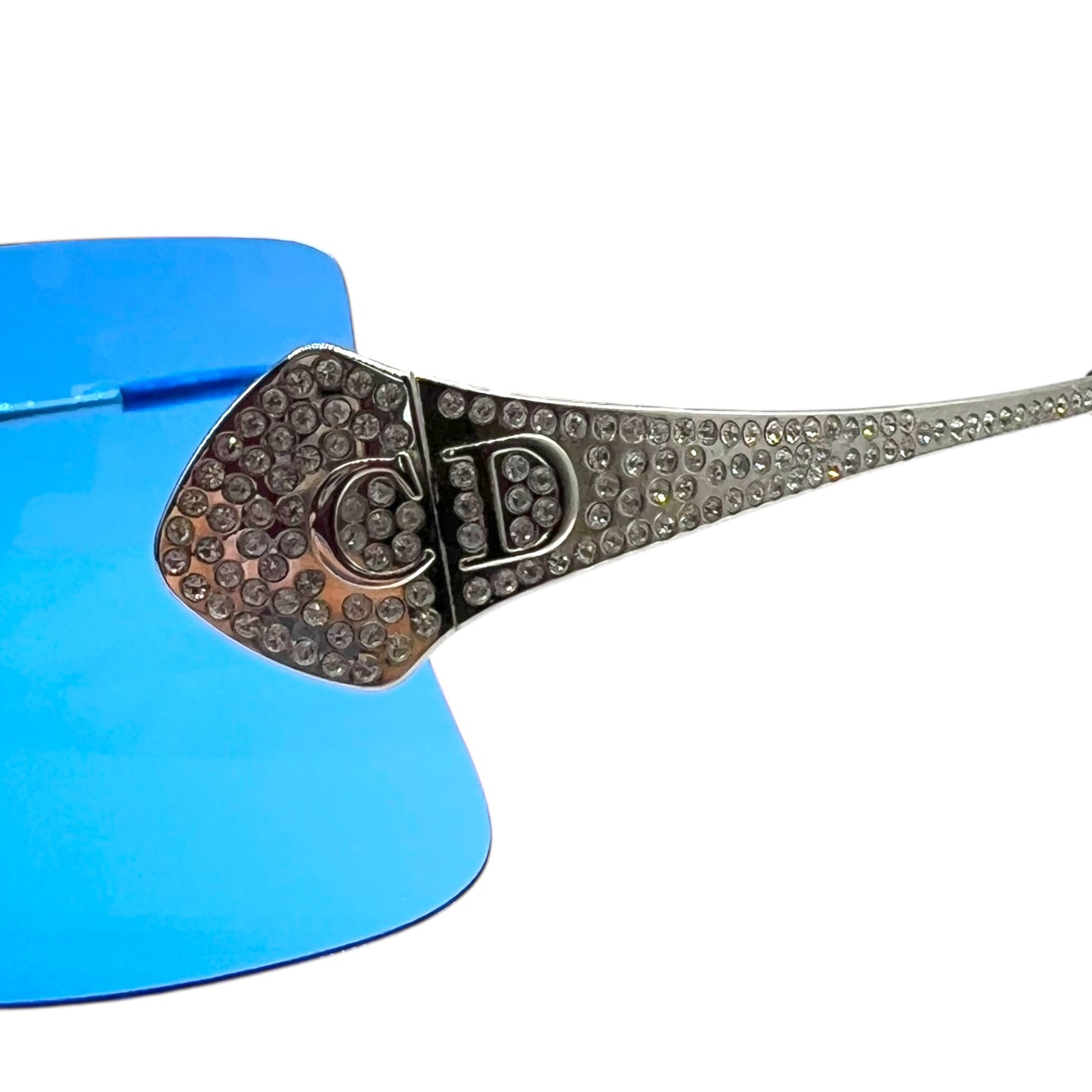 Christian Dior Bright Blue Crystal Embellished Rimless Shield Sunglasses w/ Case