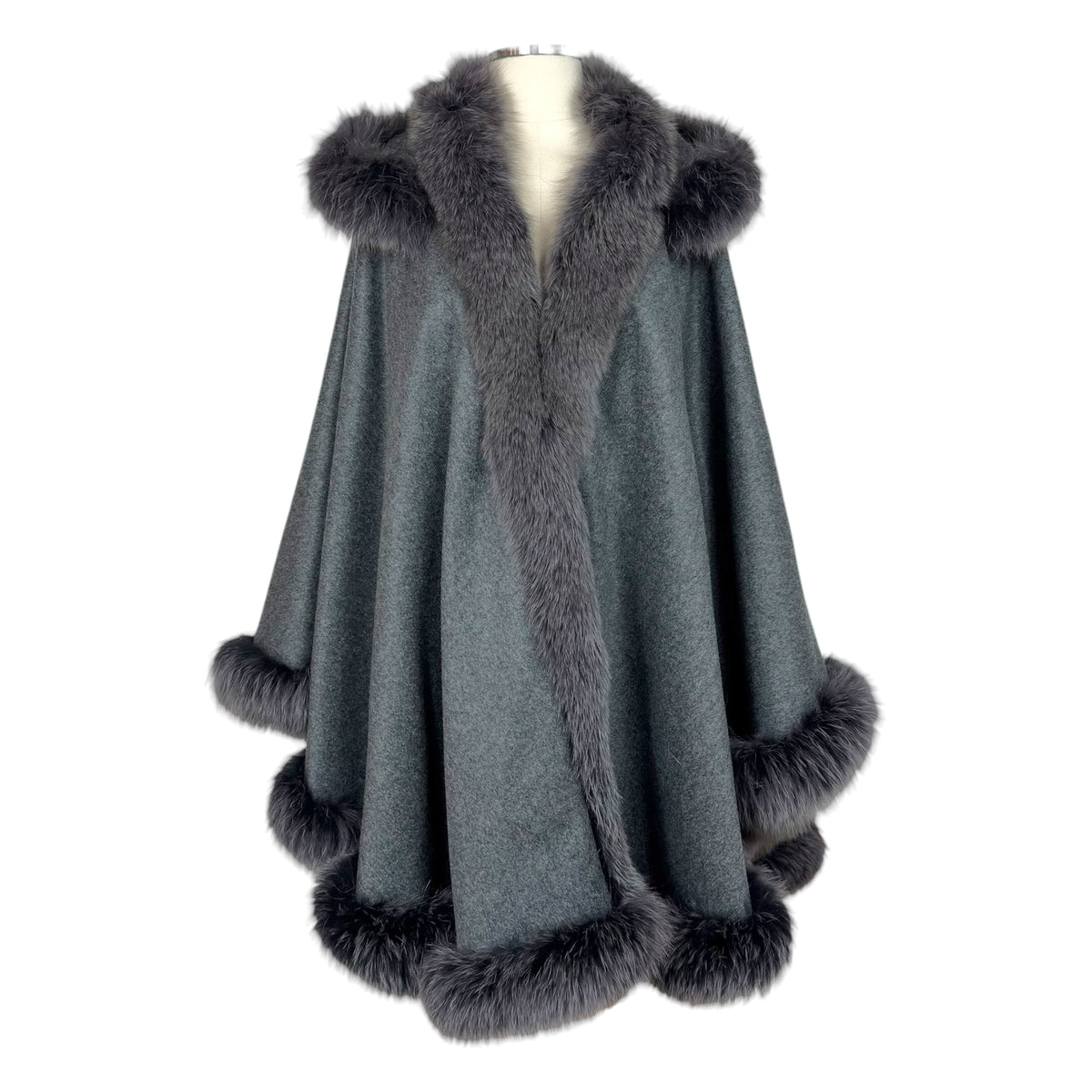 Balmain Gray Wool Fox Fur Cape