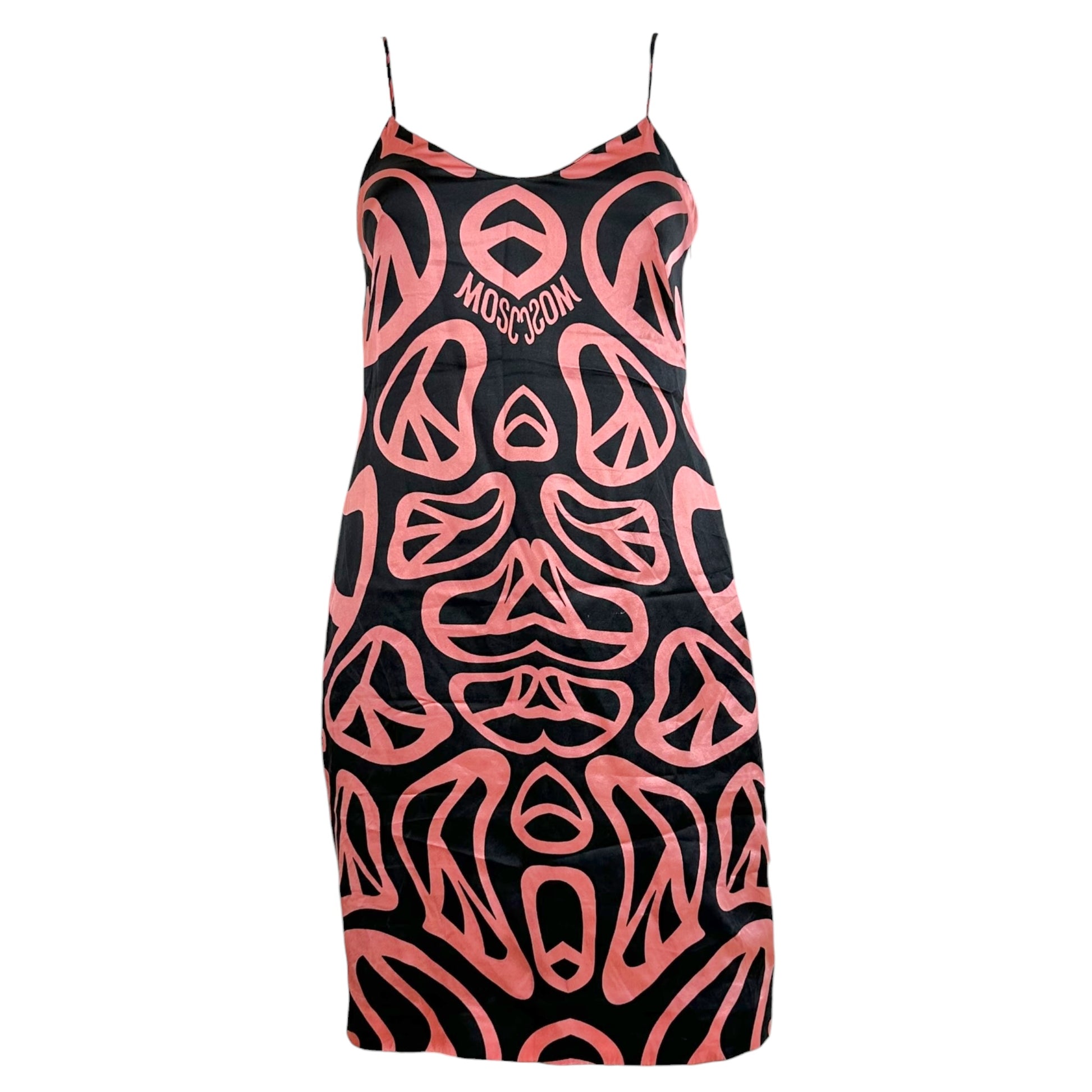 Moschino Silk Mini Dress Pink Black Peace Sign Print
