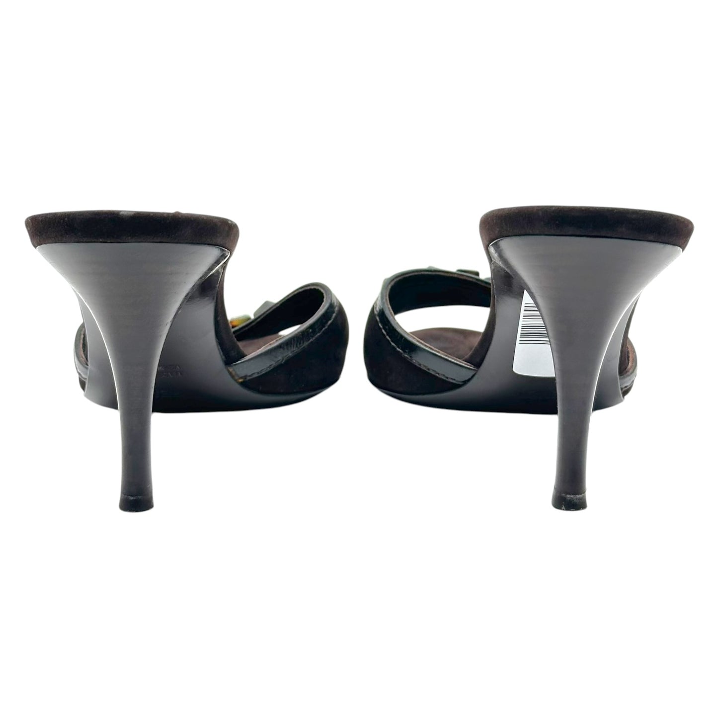 Fendi Brown Suede Tortoise Bead Embellished Kitten Heel Mules