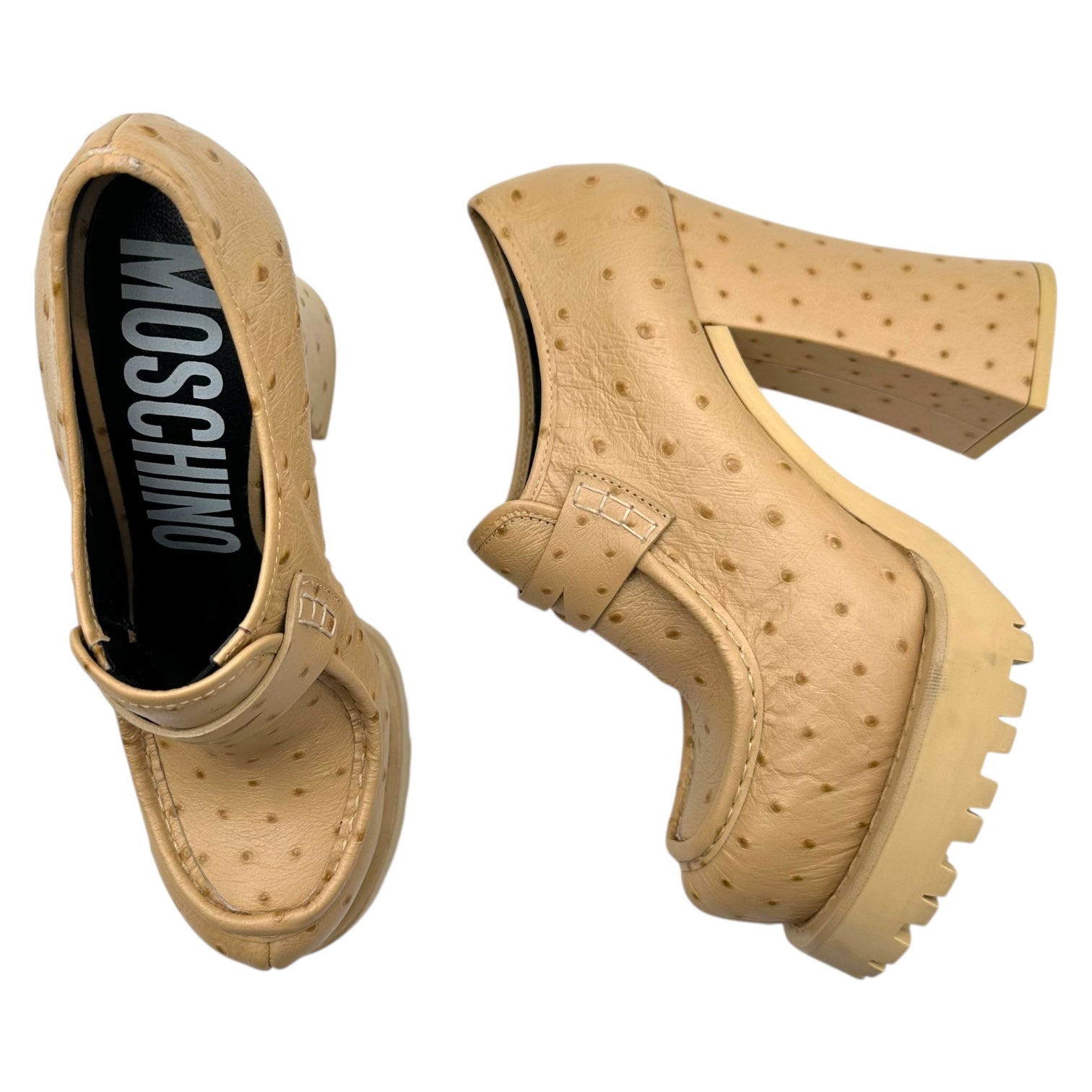 Moschino Tan Ostrich Leather Heeled Platform Loafers - Outfit Repeater