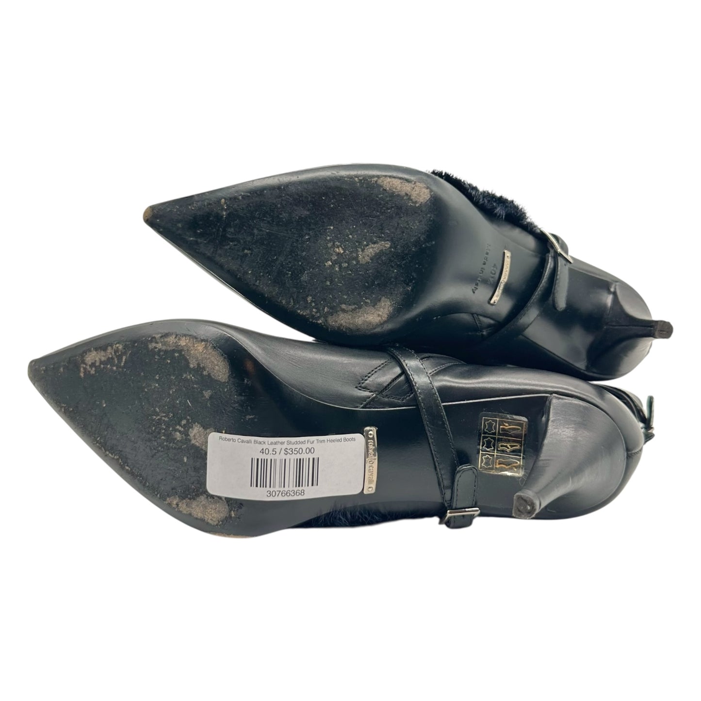 Roberto Cavalli Black Leather Studded Fur Trim Heeled Boots