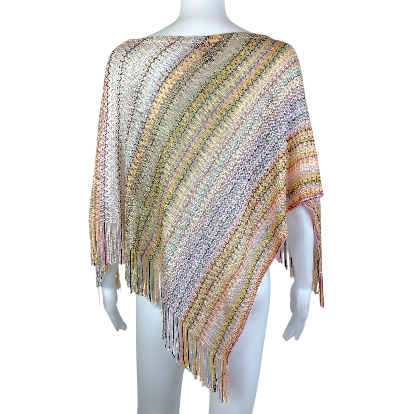Missoni Multicolor Chevron Knit Poncho with Fringe Trim