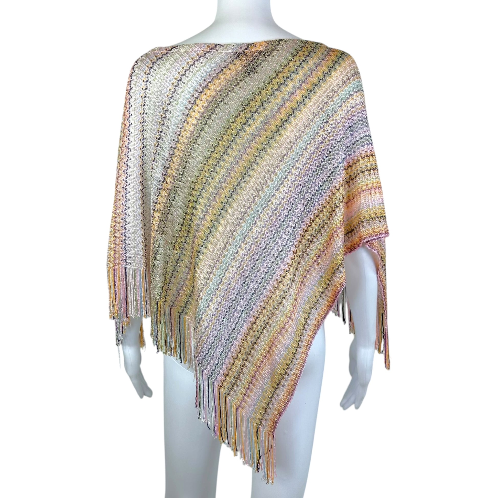 Missoni Multicolor Chevron Knit Poncho with Fringe Trim