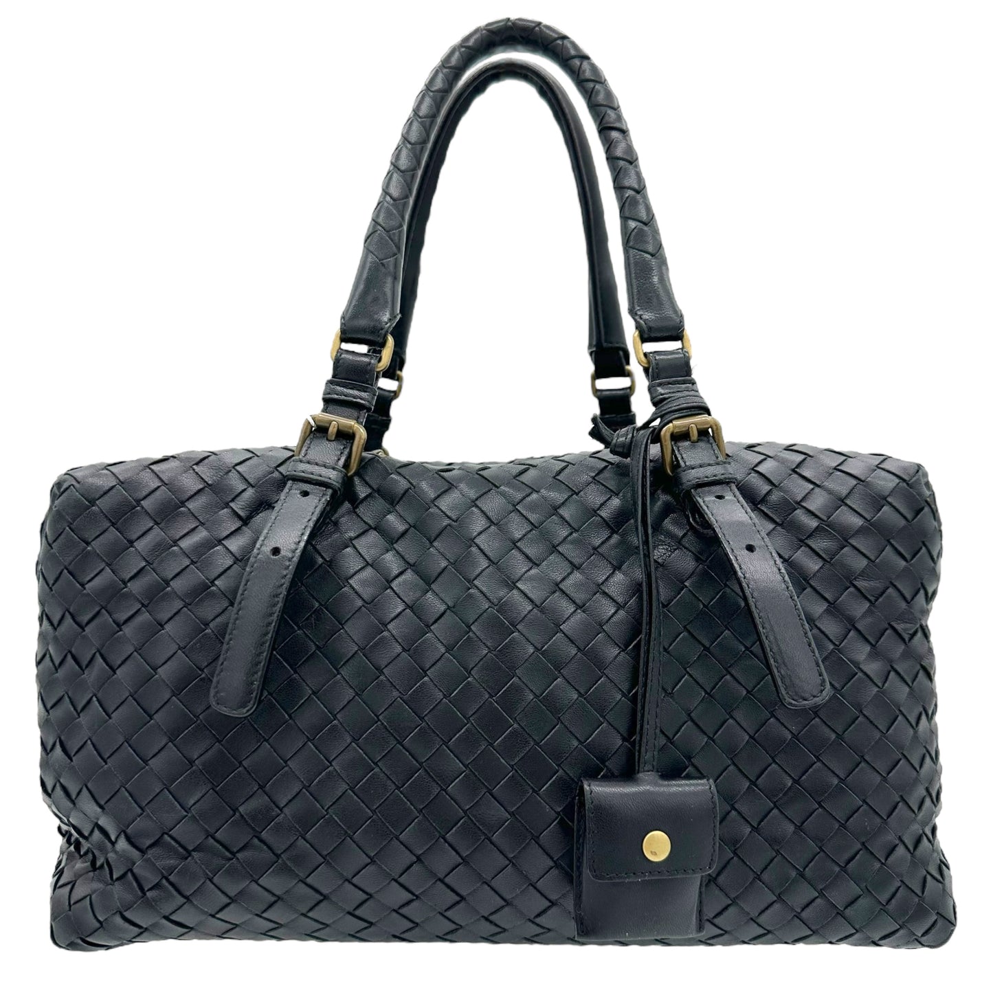Bottega Veneta Black Leather Woven Boston Bag - Outfit Repeater