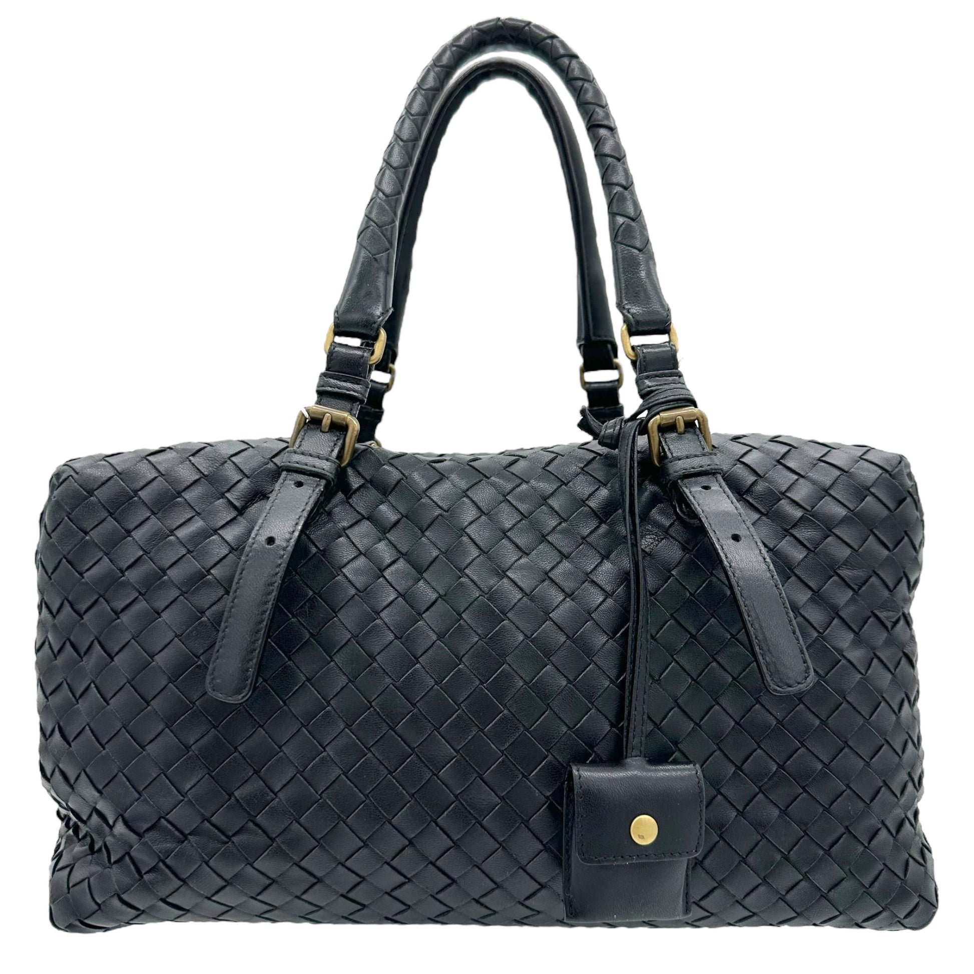 Bottega Veneta Black Leather Woven Boston Bag - Outfit Repeater