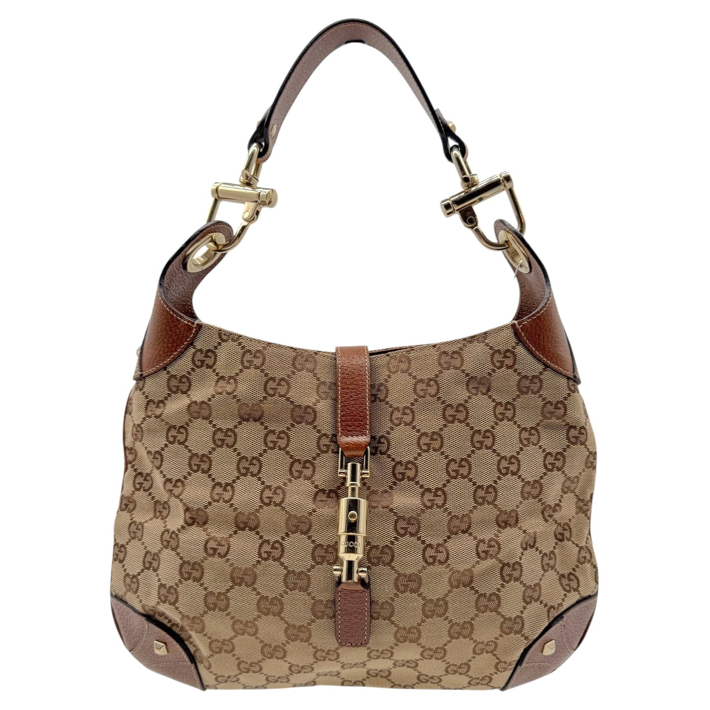 Gucci Tan Monogram & Brown Leather Piston Lock Shoulder Jackie Bag