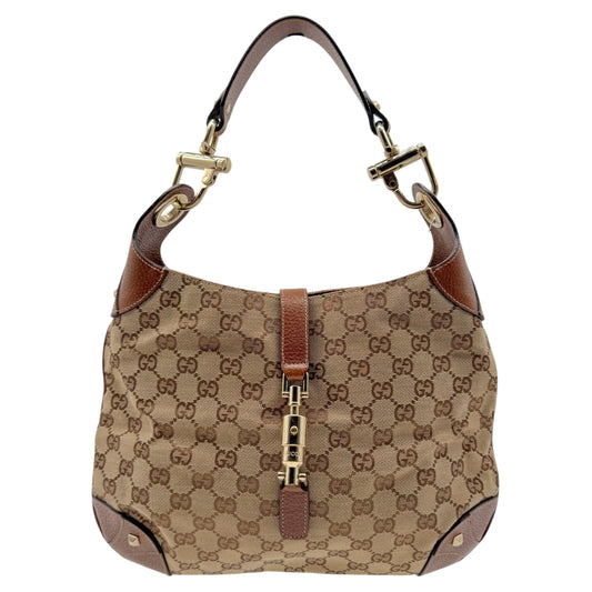 Gucci Tan Monogram & Brown Leather Piston Lock Shoulder Jackie Bag