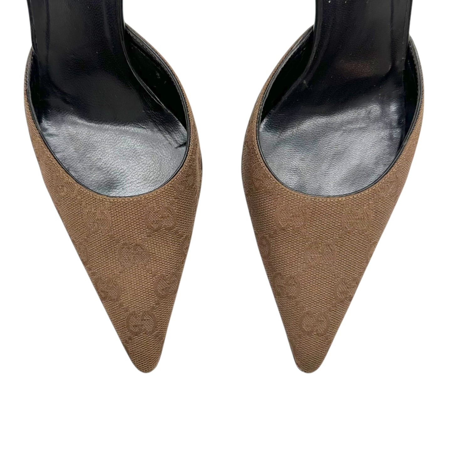 Gucci Tan Monogram Pointed Toe Kitten Heel Mules
