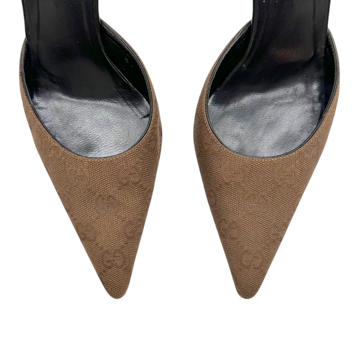 Gucci Tan Monogram Pointed Toe Kitten Heel Mules