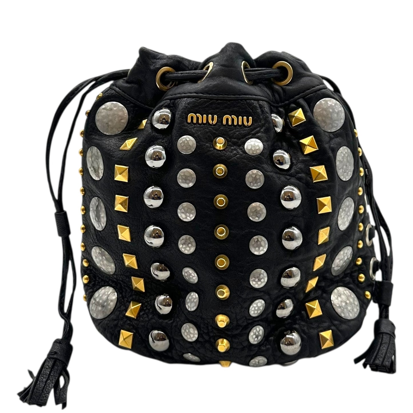 Miu Miu Silver & Gold Studded Mini Crossbody Bucket Bag - Outfit Repeater