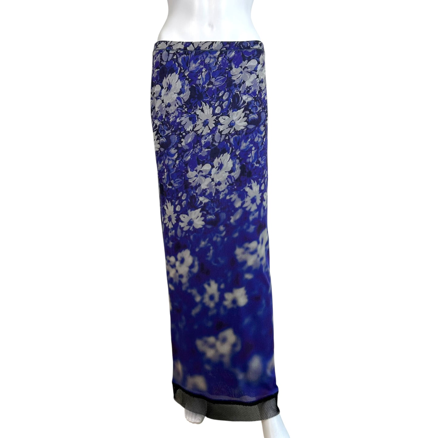 Jean Paul Gaultier Soleil Blue & Black Floral Print Mesh Maxi Skirt