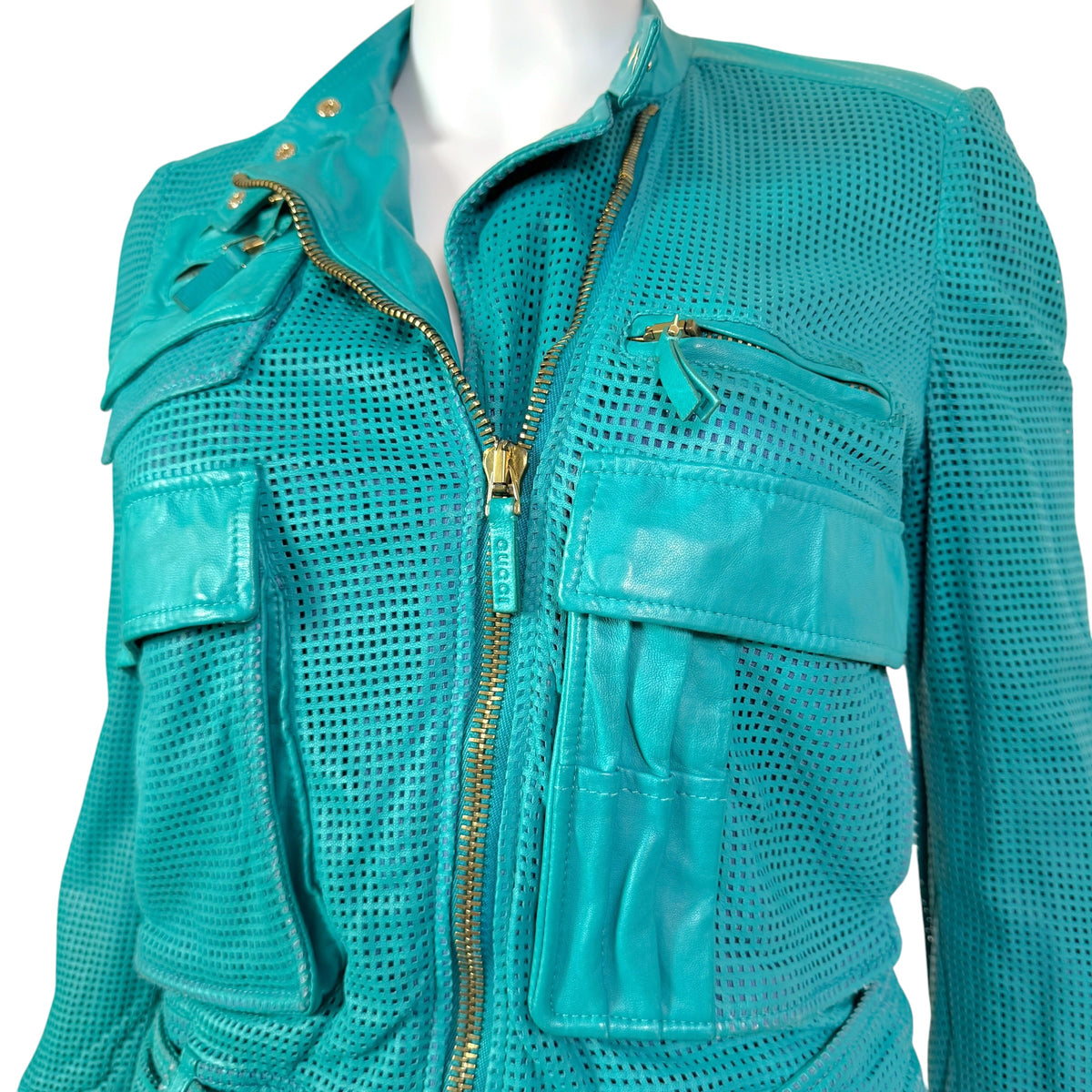 Gucci Cropped Turquoise Perforated Leather Jacket
