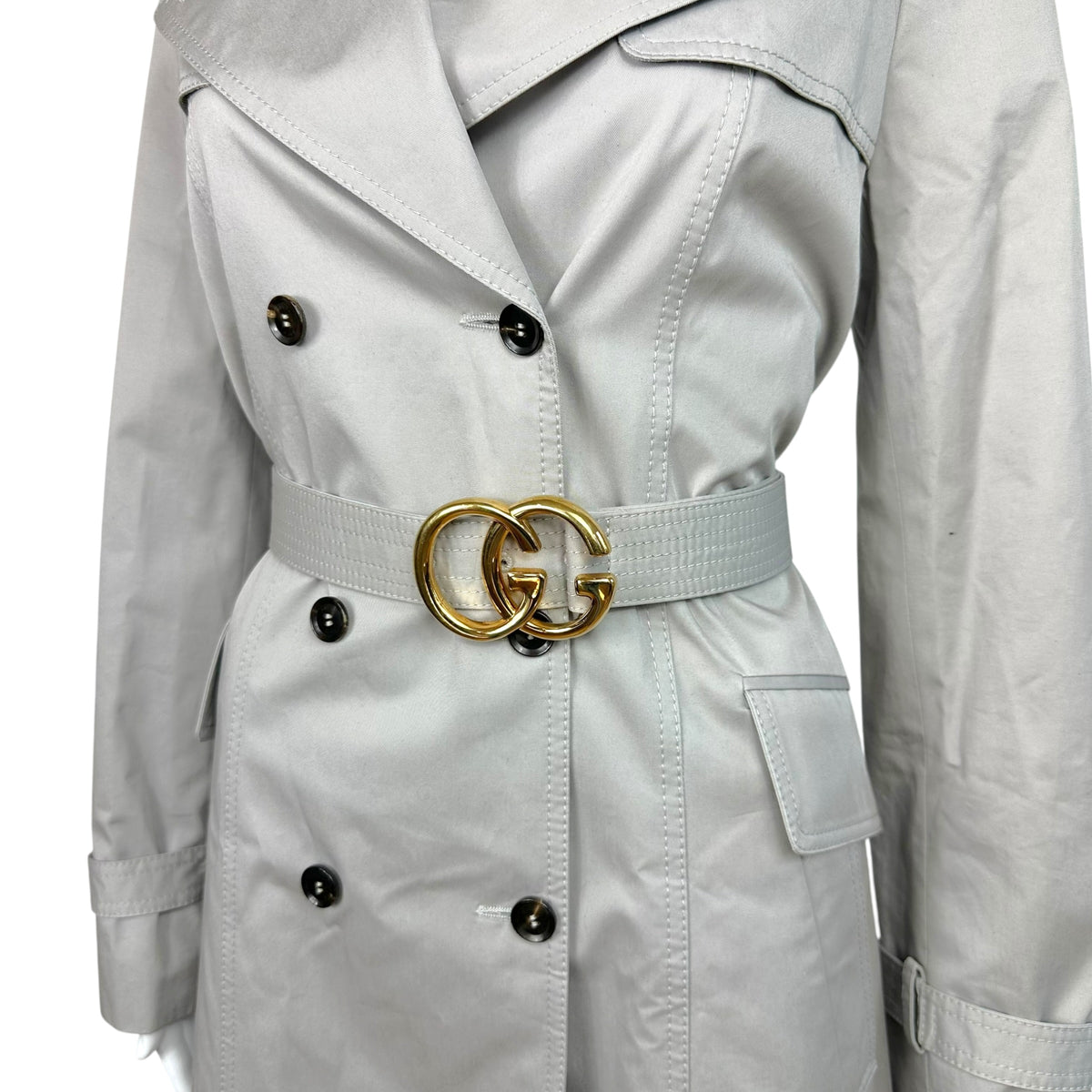Gucci Light Gray Trench Coat with Gold GG Logo Belt