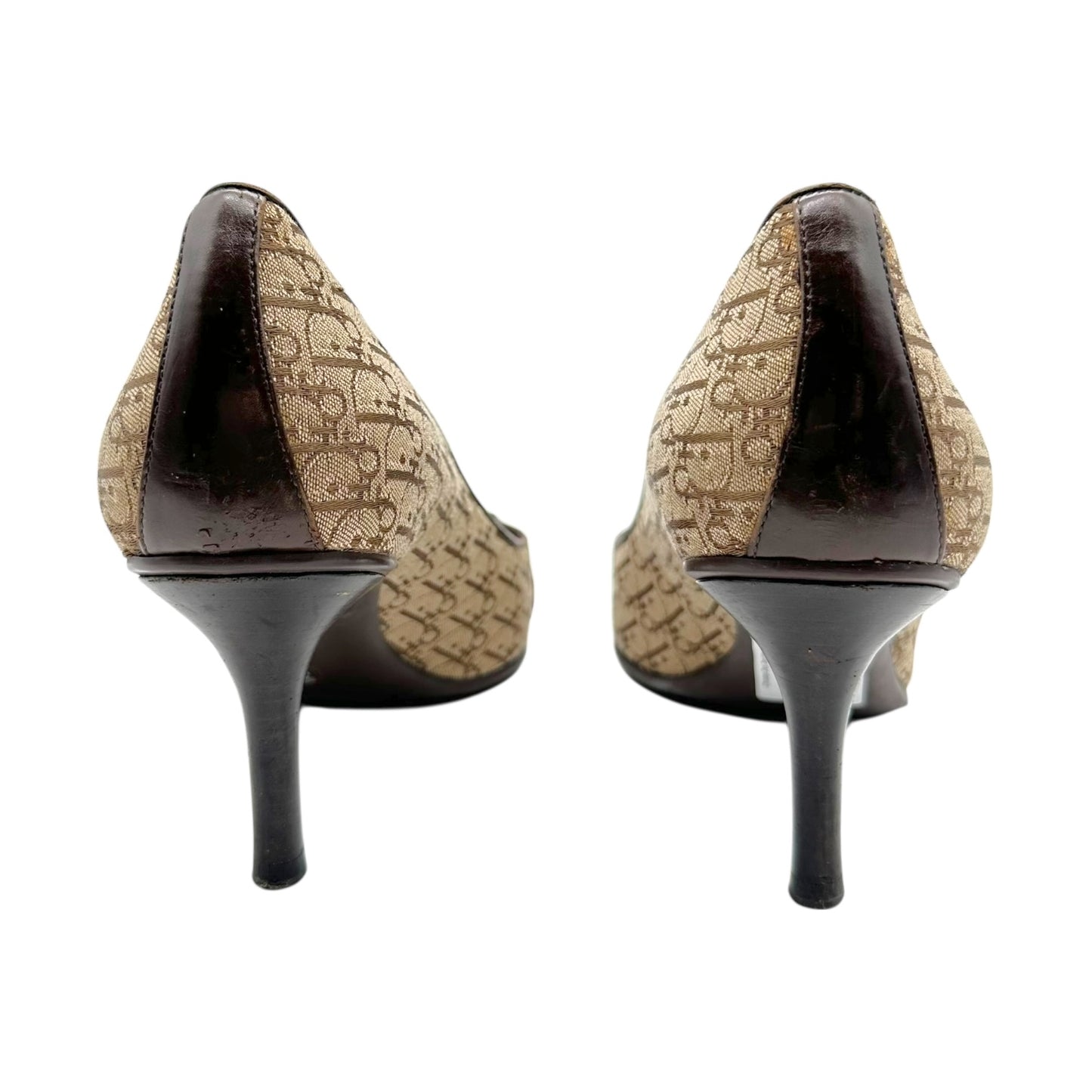 Christian Dior Tan Monogram Logo Plate Pointed Toe Heels