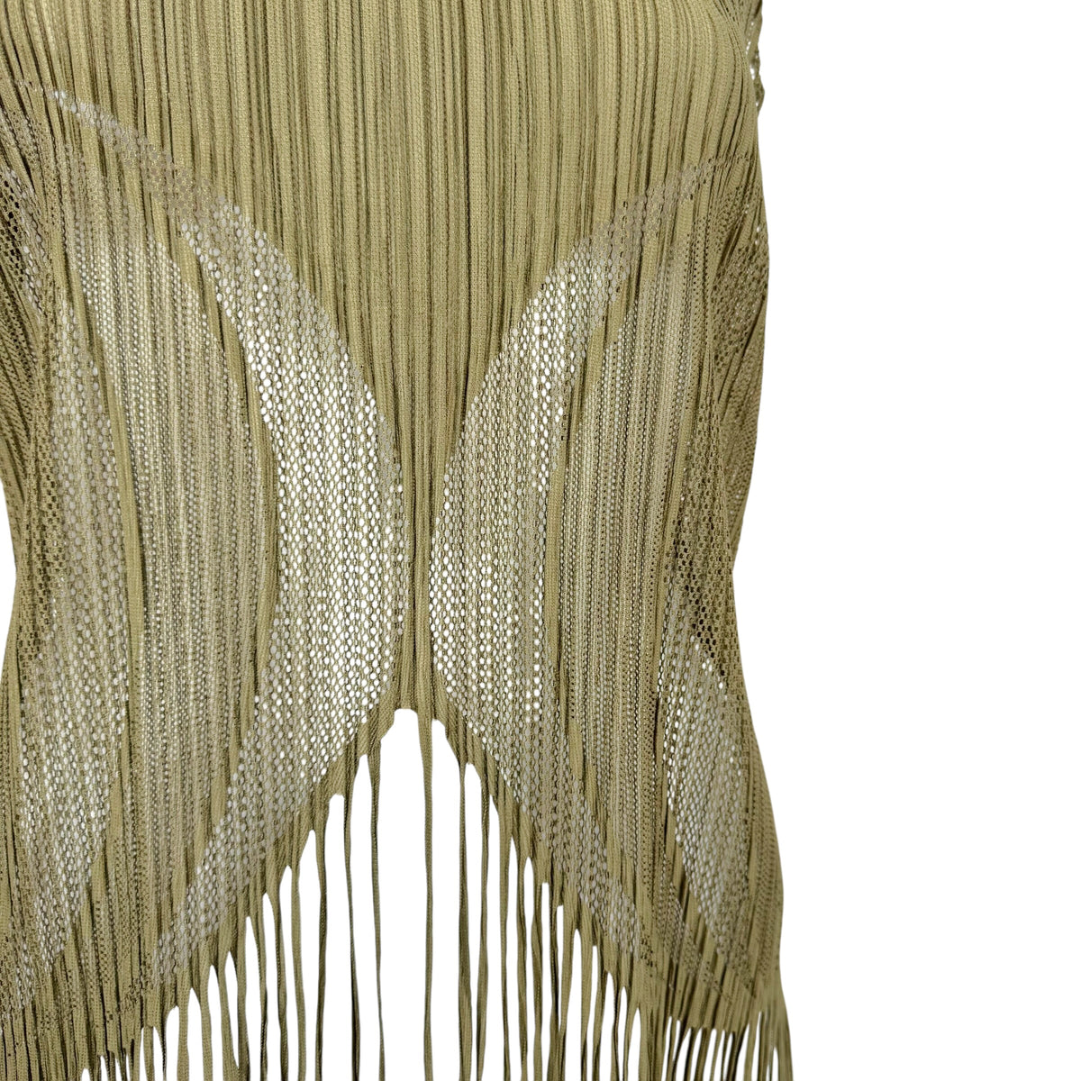 Issey Miyake Pleats Please Khaki Green Semi-Sheer Pleated Fringe Trim Tank Sz 3
