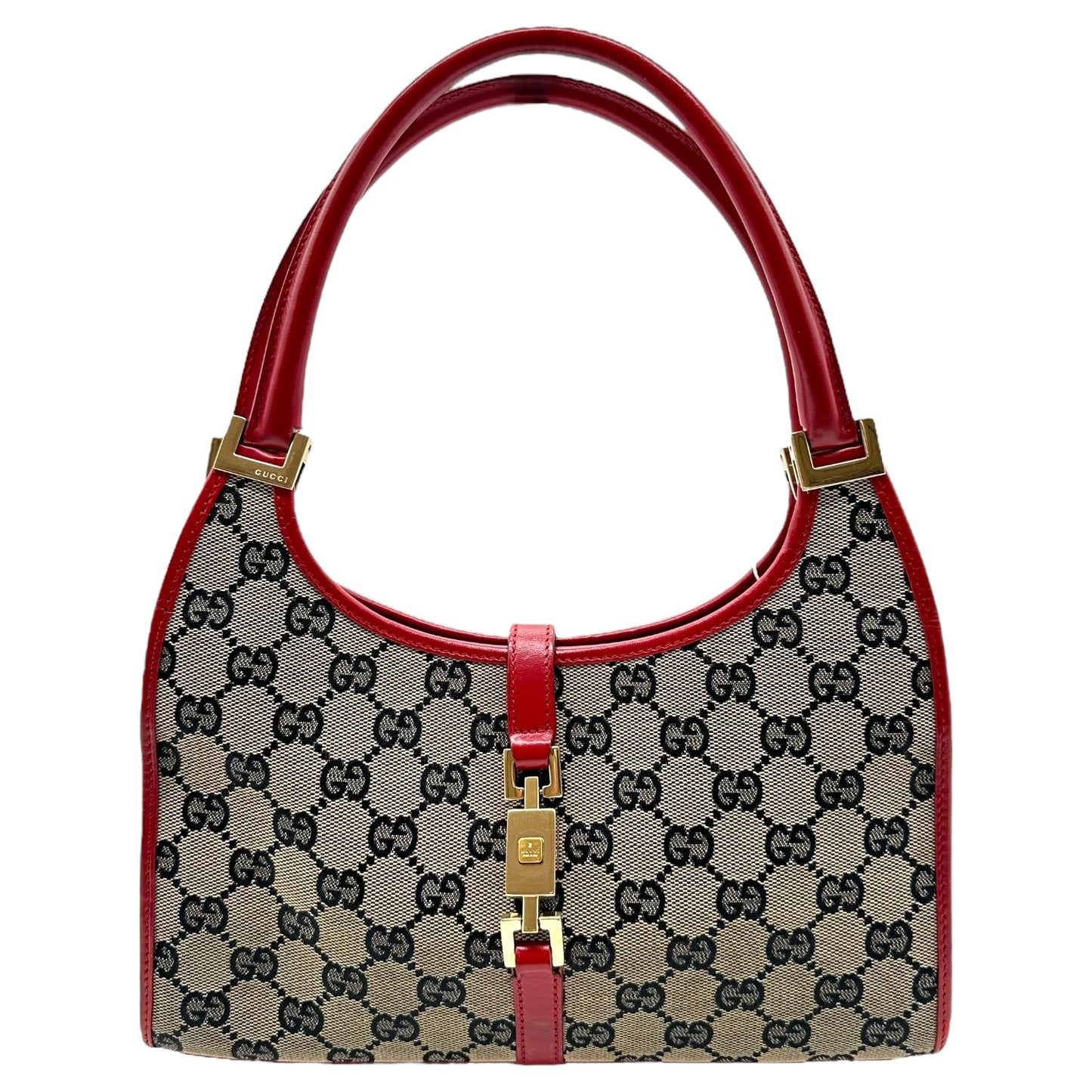 Gucci Gray Monogram & Red Leather Mini Jackie Bag